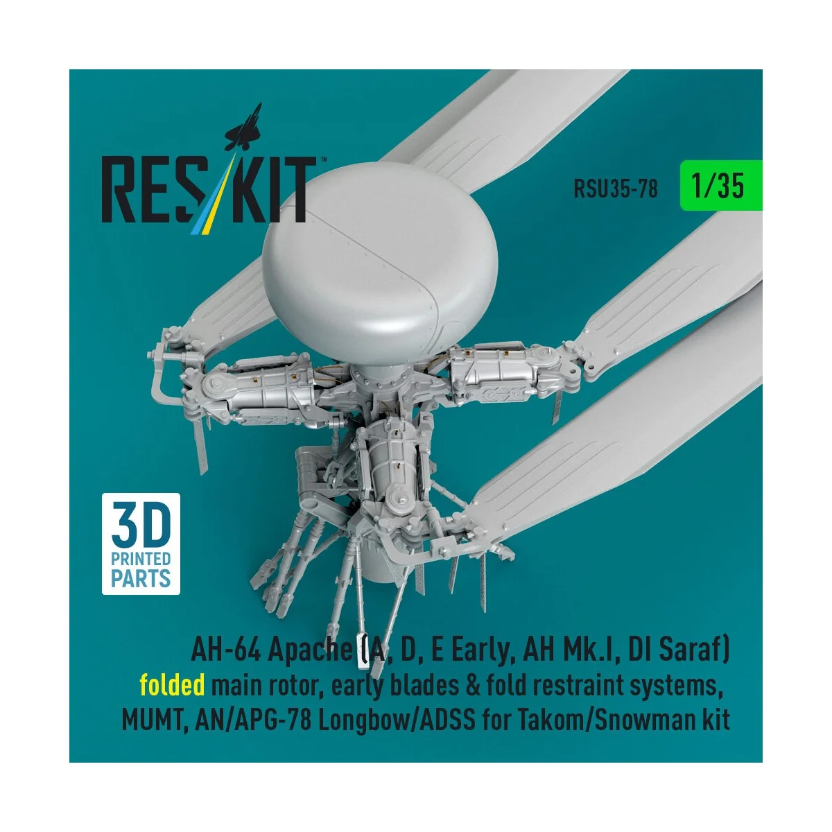 AH-64 Apache (A, D, E Early, AH Mk.I, DI Saraf) folded main rotor, ...