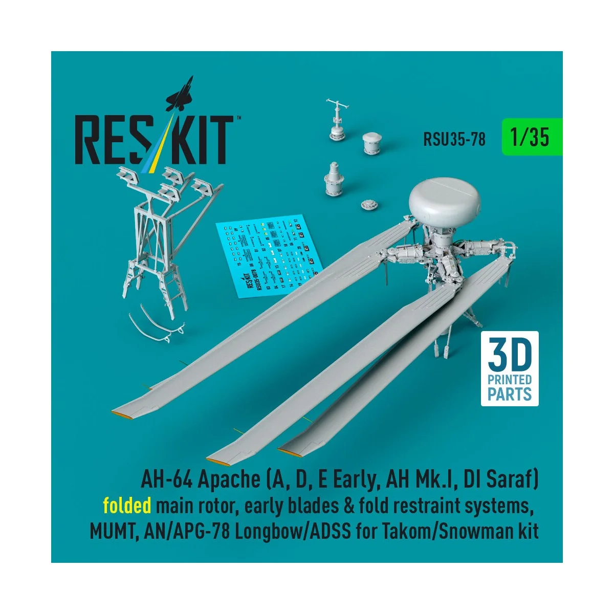 AH-64 Apache (A, D, E Early, AH Mk.I, DI Saraf) folded main rotor, ...