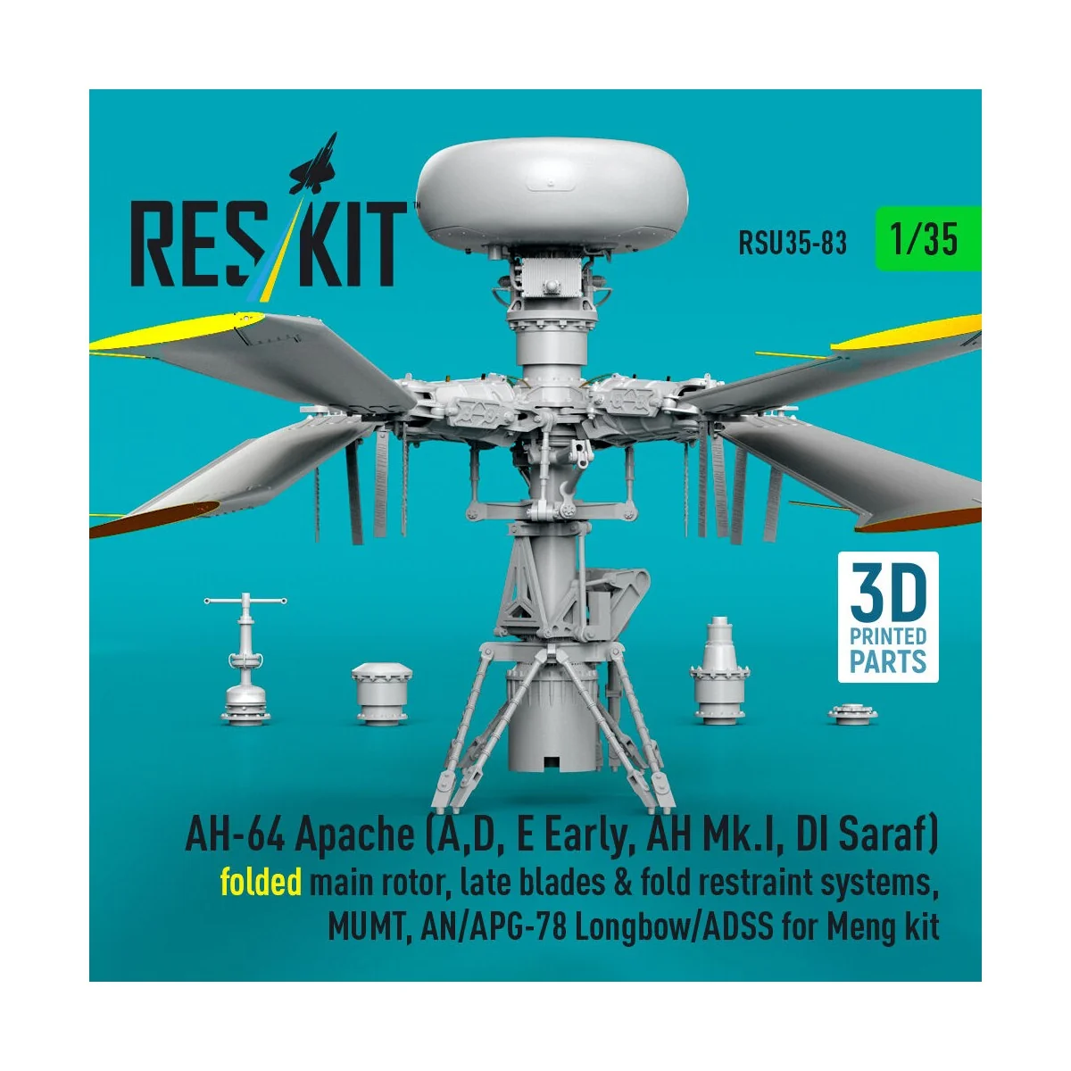 AH-64 Apache (A, D, E Early, AH Mk.I, DI Saraf) folded main rotor, ...