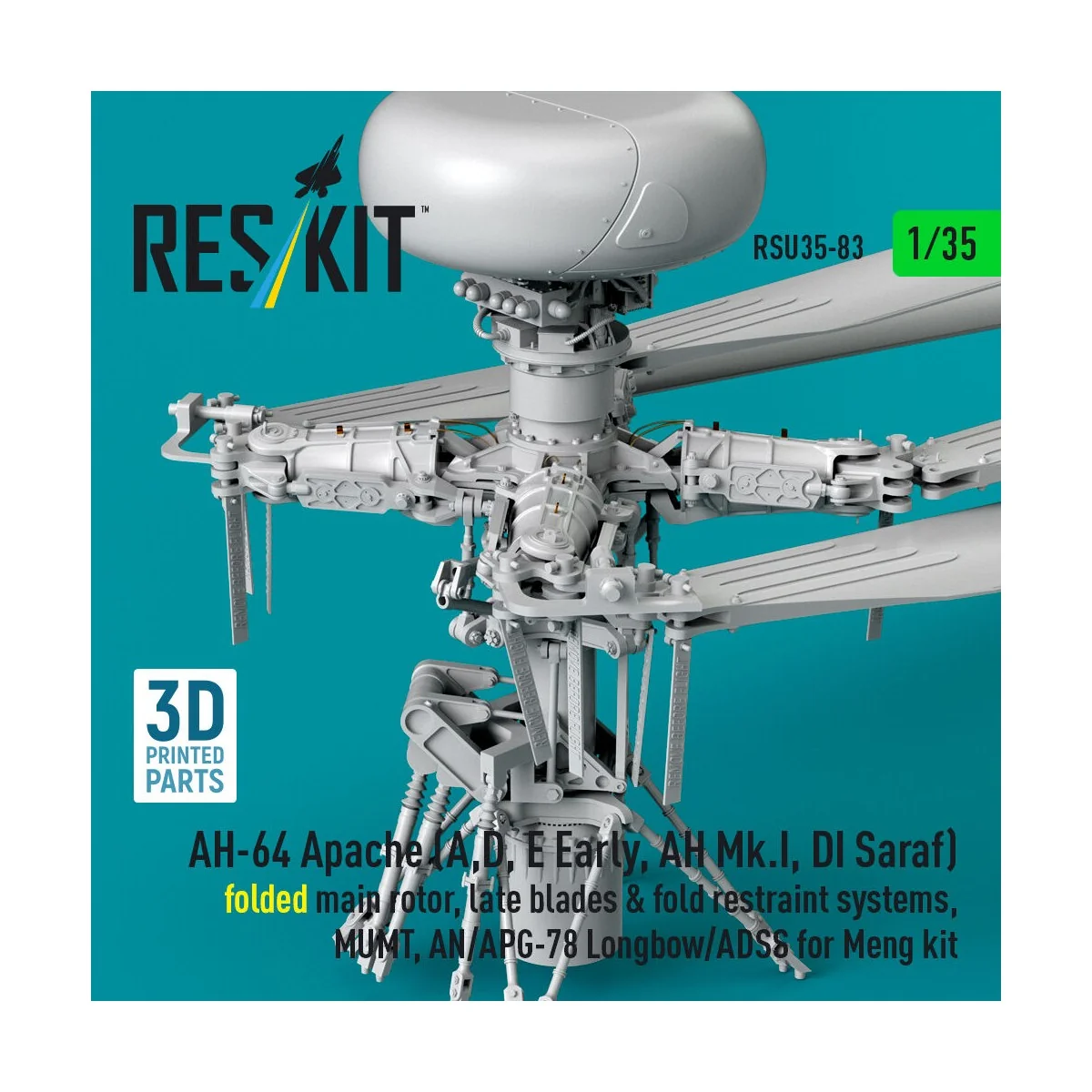 AH-64 Apache (A, D, E Early, AH Mk.I, DI Saraf) folded main rotor, ...