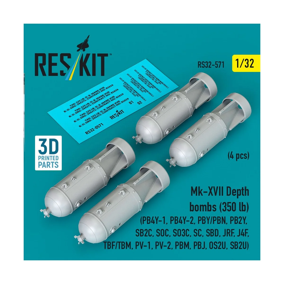 Mk-XVII Depth bombs (350 lb) (4 pcs) (PB4Y-1, PB4Y-2, PBY/PBN, PB2Y...