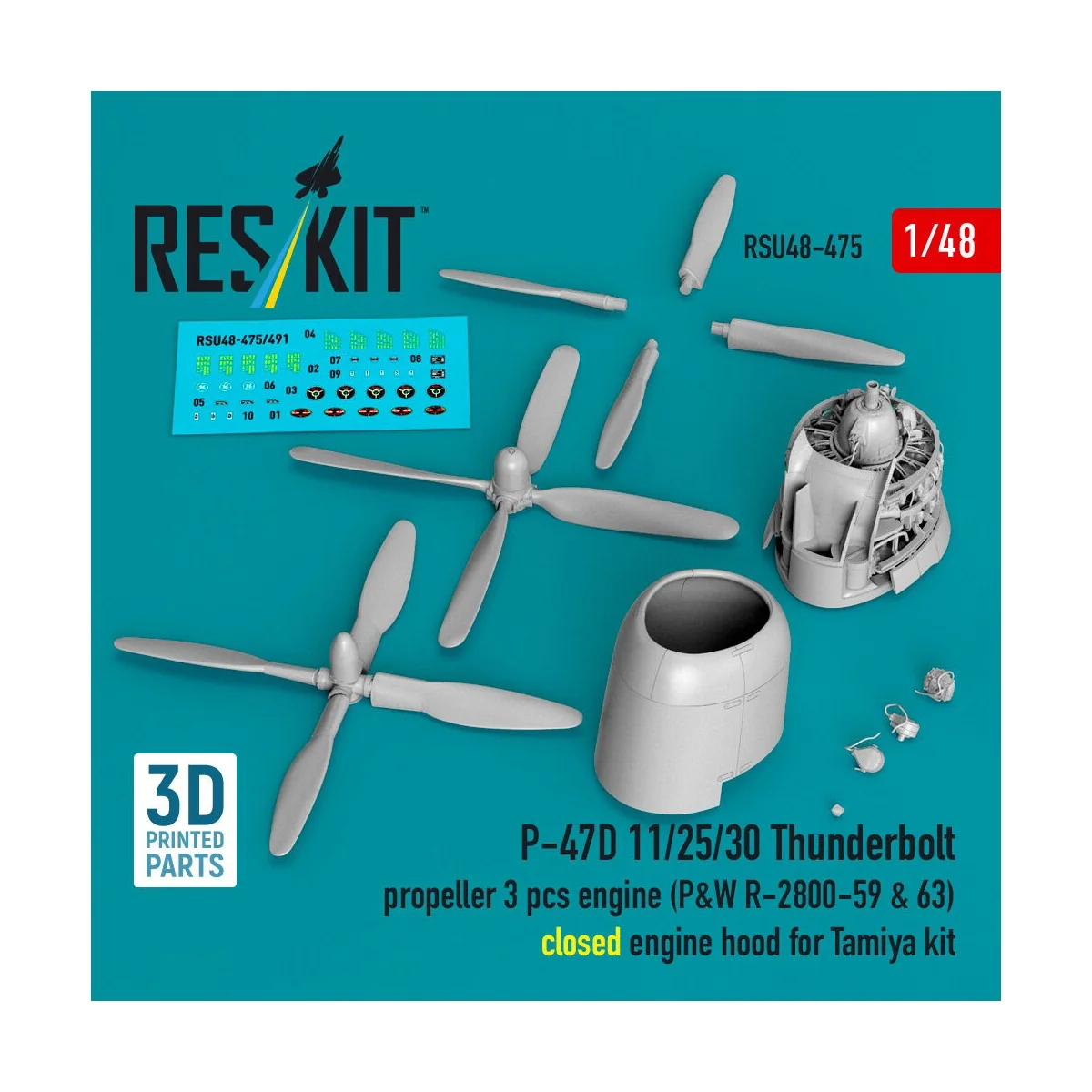P-47D 11/25/30 Thunderbolt propeller (3 pcs), engine (P&W R-2800-59...