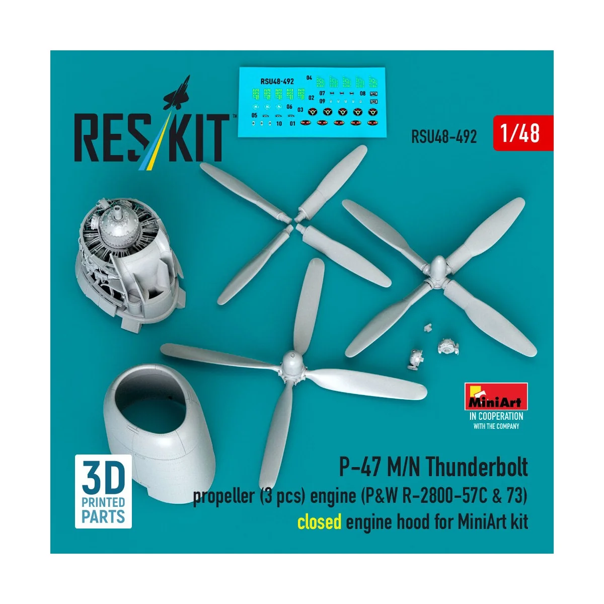 P-47 M/N Thunderbolt propeller (3 pcs), engine (P&W R-2800-57C & 73...
