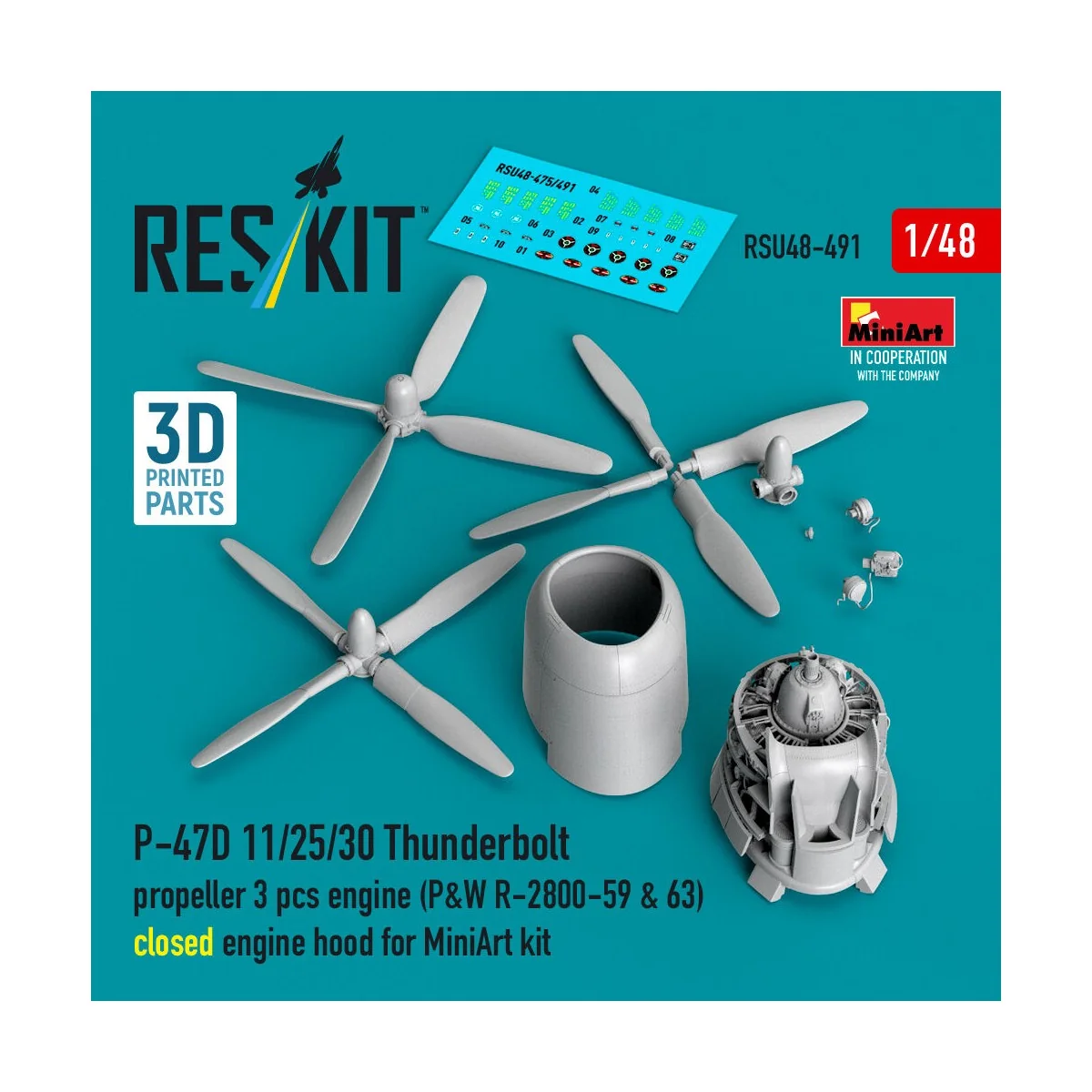 P-47D 11/25/30 Thunderbolt propeller (3 pcs), engine (P&W R-2800-59...