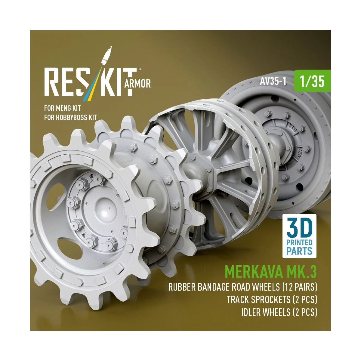 Merkava Mk.3 rubber bandage road wheels (12 pairs), track sprockets...