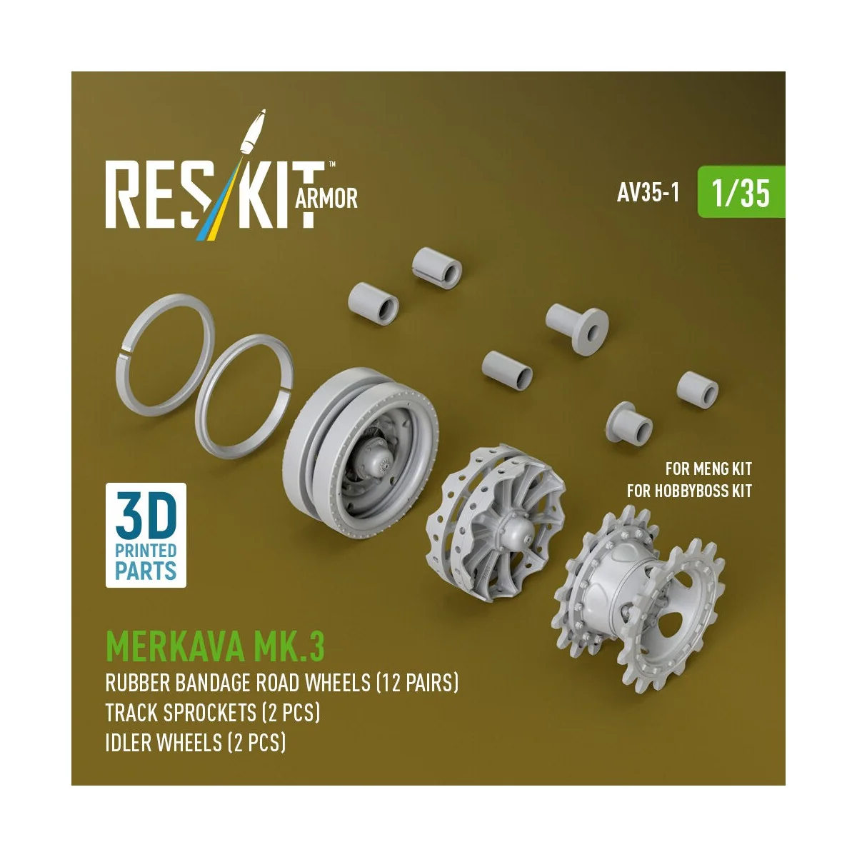 Merkava Mk.3 rubber bandage road wheels (12 pairs), track sprockets...