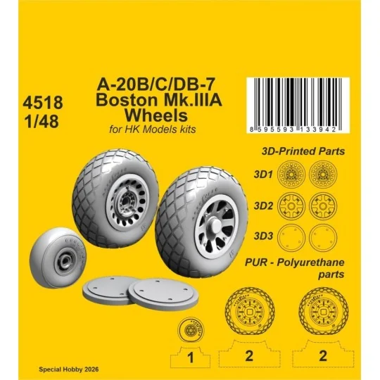 A-20B/C/DB-7 Boston Mk.III Wheels for HK Models, 1/48 - CMK 129-4518
