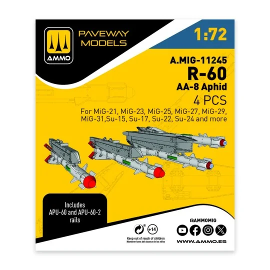 R-60 - AA-8 Aphid (4 pcs), 1/72 - AMMO by MIG Jimenez A.MIG-11245 R-60 - AA-8 Aphid (4 pcs), 1/72 - AMMO by MIG Jimenez A.MIG-11245