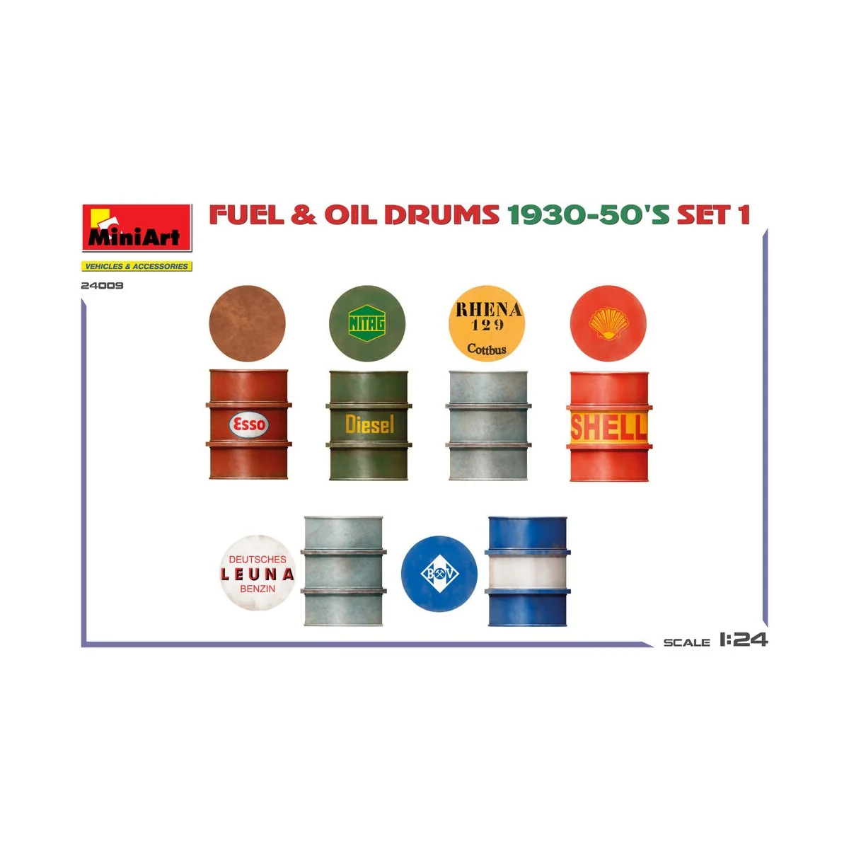 Fuel & Oil Drums 1930-50's Set 1 (German Type), 1/24 - MiniArt 24009 Fuel & Oil Drums 1930-50's Set 1 (German Type), 1/24 - MiniArt 24009