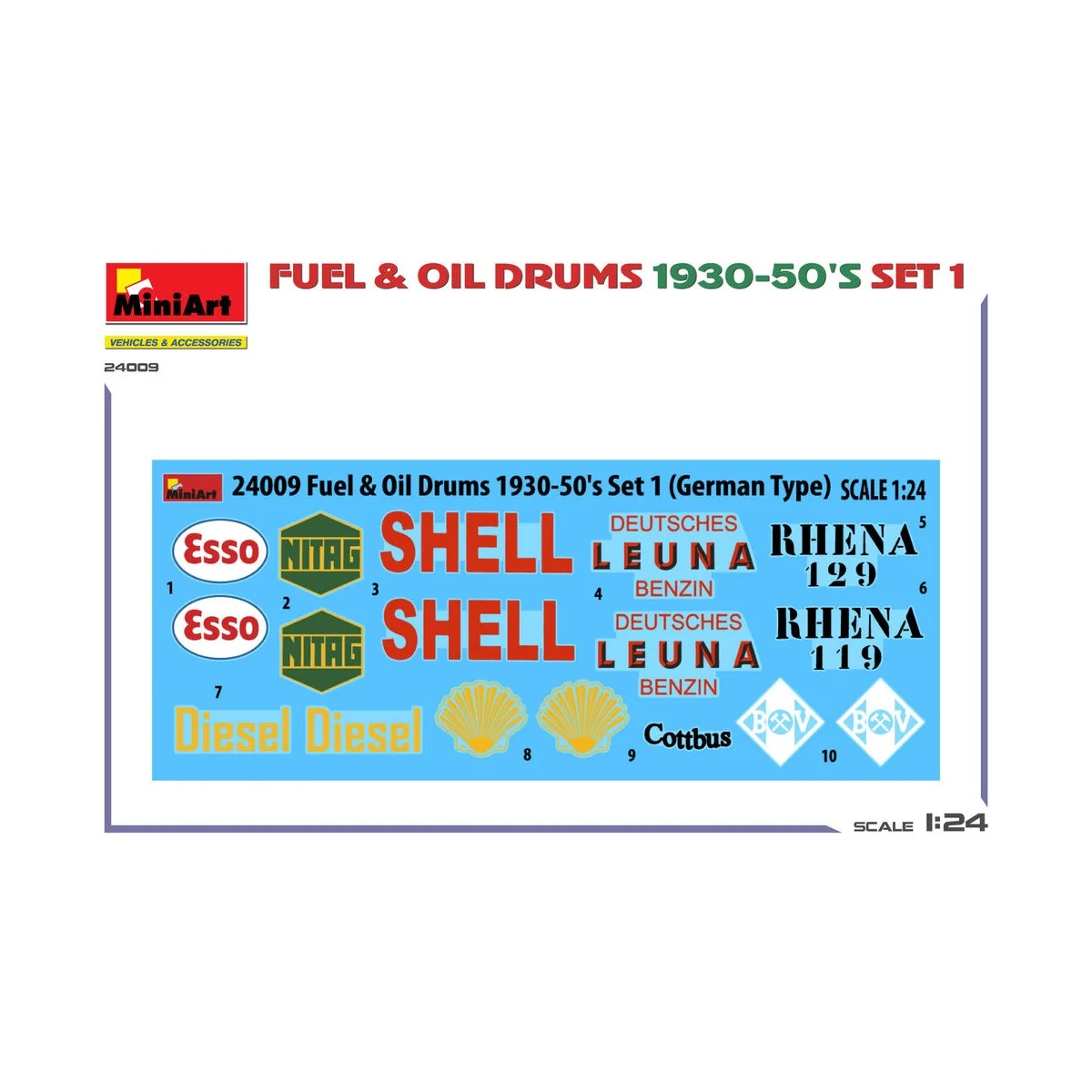 Fuel & Oil Drums 1930-50's Set 1 (German Type), 1/24 - MiniArt 24009 Fuel & Oil Drums 1930-50's Set 1 (German Type), 1/24 - MiniArt 24009