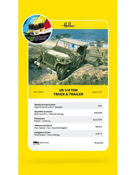 STARTER KIT US 1/4 Ton Truck & Trailer, 1/72 - Heller 56997