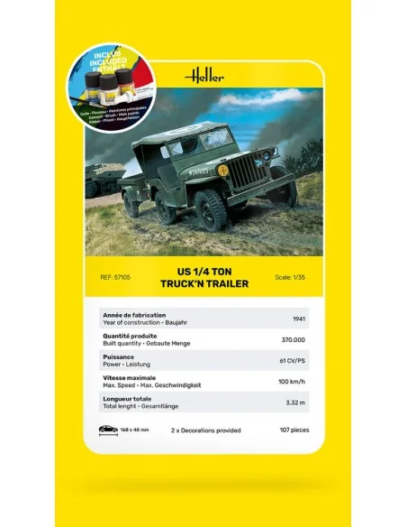 STARTER KIT US 1/4 Ton Truck 'n Trailer, 1/35 - Heller 57105
