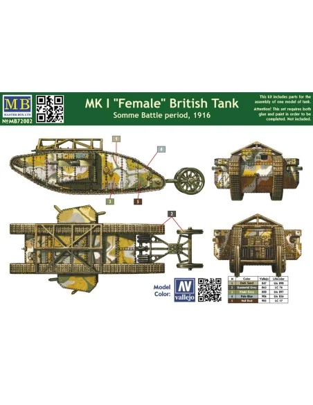 Mk I"Female"British tank, Somme battle 1916, 1/72 - Master Box Ltd....
