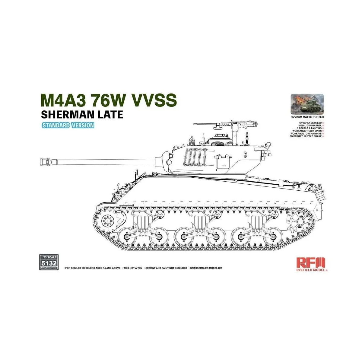 M4A3 76W VVSS Sherman Late Standard Version, 1/35 - Rye Field Model... M4A3 76W VVSS Sherman Late Standard Version, 1/35 - Rye Field Model...