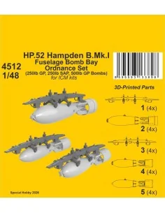 HP.52 Hampden B.Mk.I - Fuselage Bomb Bay Ordnance Set for ICM, 1/48...