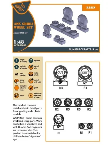 AMX Ghibli wheel set for Kinetic, HobbyBoss kits, 1/48 - Clear Prop...