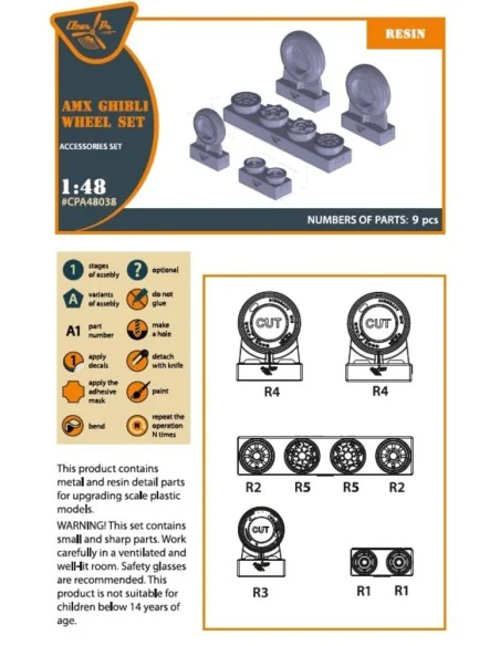 AMX Ghibli wheel set for Kinetic, HobbyBoss kits, 1/48 - Clear Prop...