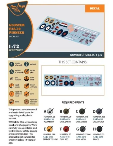 Gloster E28/39 Pioneer decal set, 1/72 - Clear Prop Accessories CPD...