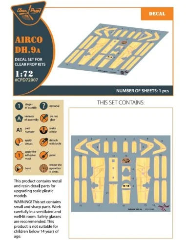 Airco DH.9a decal set for CP kits, 1/72 - Clear Prop Accessories CP...