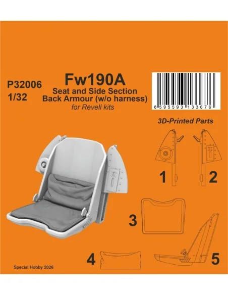 Fw190A Seat and Side Section Back Armour (w/o harness) for Revell, ...