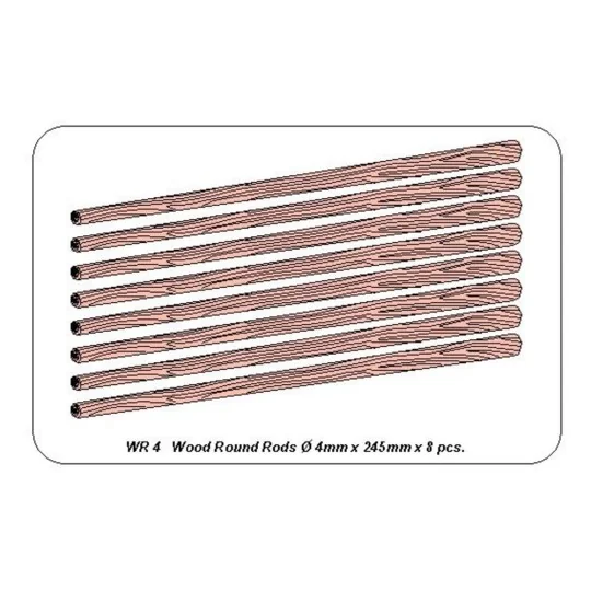 Wood round rods 4mm length 250mm x 8 pcs. - Aber Models WR4