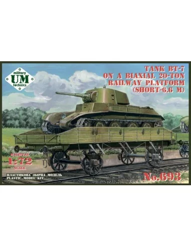 BT-7 tank on a biaxial 20-ton railway platform (short - 6.6m), 1/72...