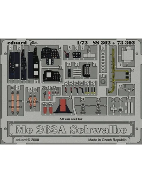 Me 262A Schwalbe für Academy Bausatz, 1/72 - Eduard Accessories SS302