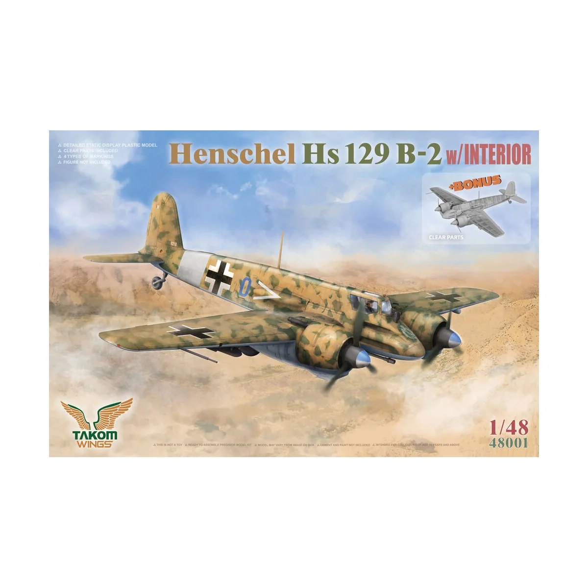 Henschel Hs 129 B-2 w/INTERIOR + BONUS (CLEAR PARTS) - Takom TAK48001