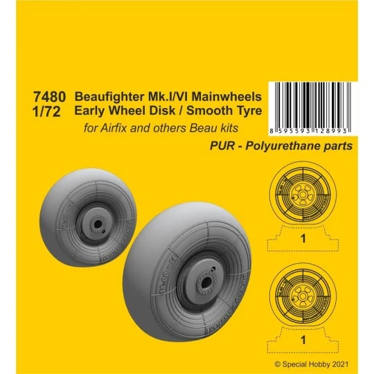 Beufighter Mk.I/VI Mainwheels - Early Wheel Hub / Smooth Tyre, 1/72...