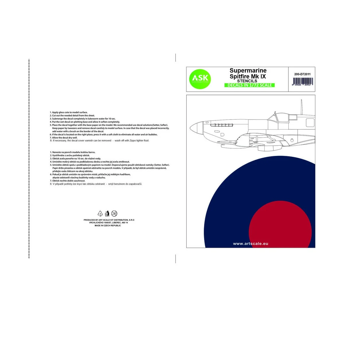 Spitfire Mk.IXc and Mk.IX - STENCILS, 1/72 - Art Scale Kit 200-D72011 Spitfire Mk.IXc and Mk.IX - STENCILS, 1/72 - Art Scale Kit 200-D72011