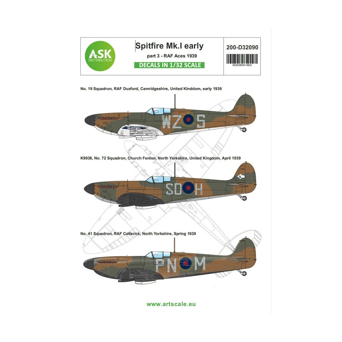 Spitfire Mk.I early part 3 - RAF 1939, 1/32 - Art Scale Kit 200-D32090 Spitfire Mk.I early part 3 - RAF 1939, 1/32 - Art Scale Kit 200-D32090