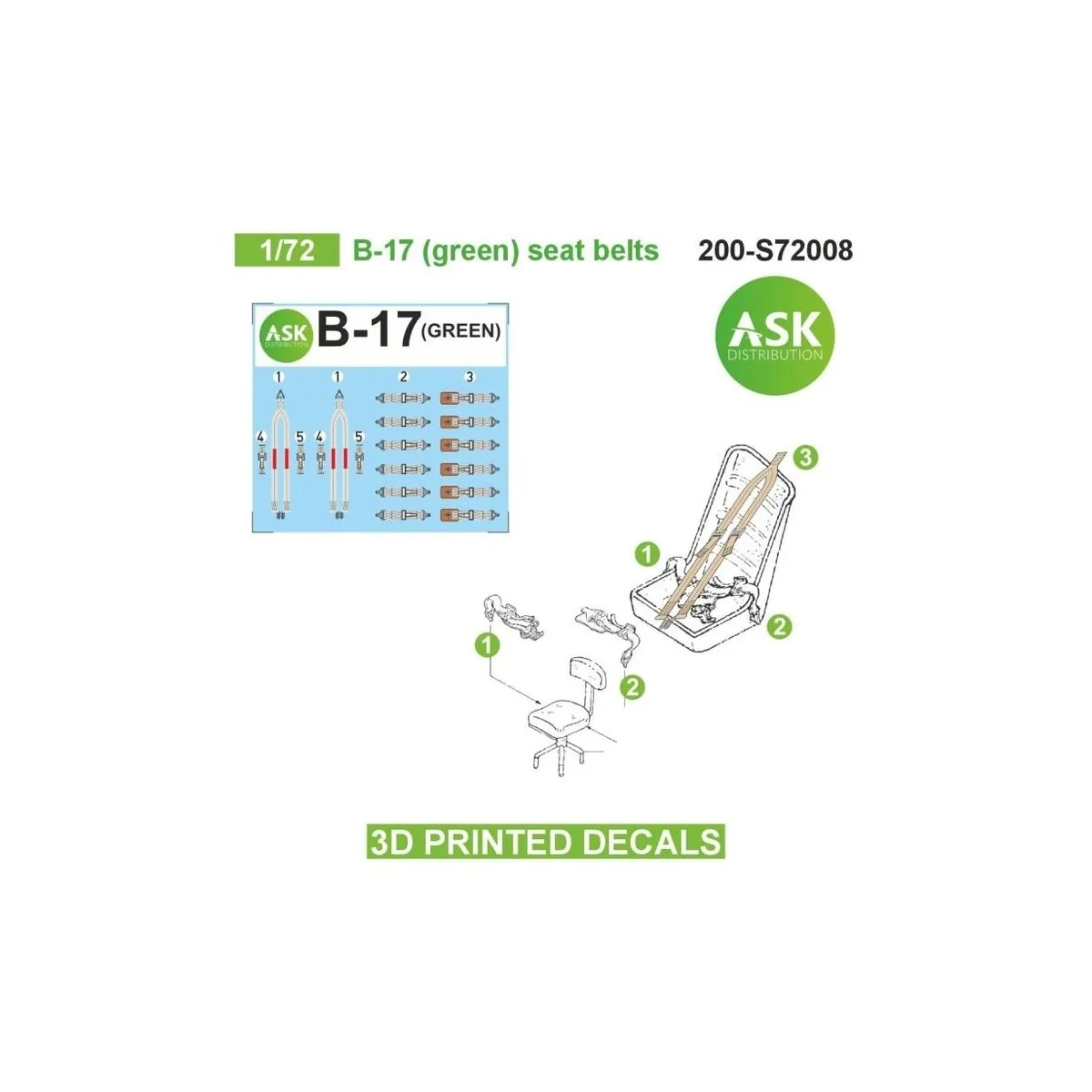 B-17 (green) seat belts - 3D printed decals by ASK, 1/72 - Art Scal...