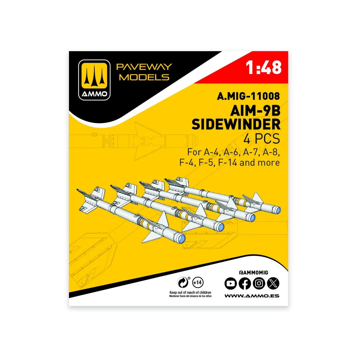 AIM-9B Sidewinder (4 pcs), 1/48 - AMMO by MIG Jimenez A.MIG-11008 AIM-9B Sidewinder (4 pcs), 1/48 - AMMO by MIG Jimenez A.MIG-11008