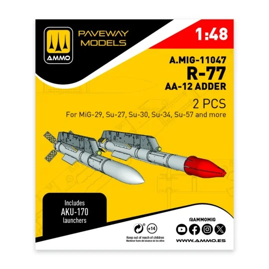 R-77 - AA-12 Adder (2 pcs), 1/48 - AMMO by MIG Jimenez A.MIG-11047 R-77 - AA-12 Adder (2 pcs), 1/48 - AMMO by MIG Jimenez A.MIG-11047