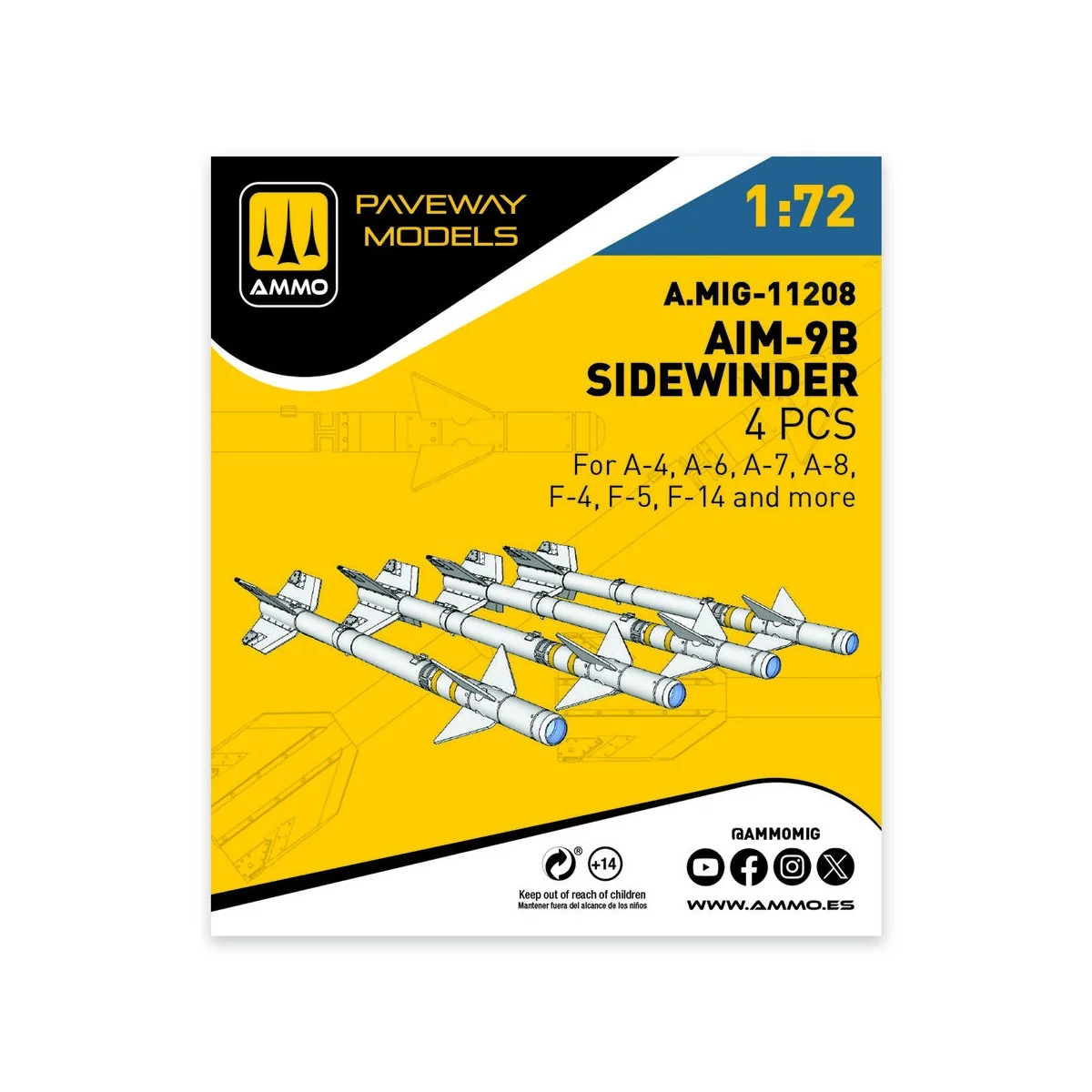 AIM-9B Sidewinder (4 pcs), 1/72 - AMMO by MIG Jimenez A.MIG-11208