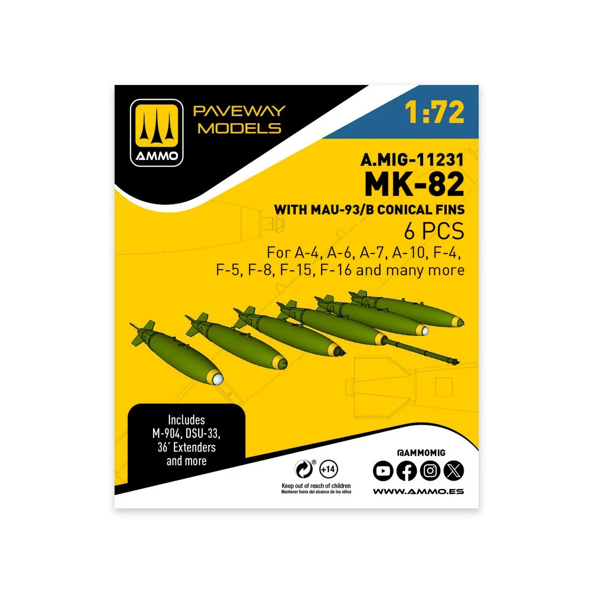 MK-82 with MAU-93/B conical fin (6 pcs), 1/72 - AMMO by MIG Jimenez...