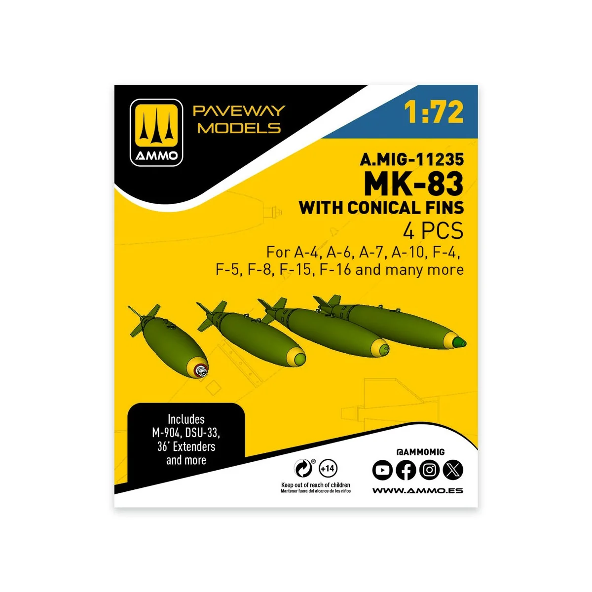 MK-83 with conical fin (4 pcs), 1/72 - AMMO by MIG Jimenez A.MIG-11235 MK-83 with conical fin (4 pcs), 1/72 - AMMO by MIG Jimenez A.MIG-11235