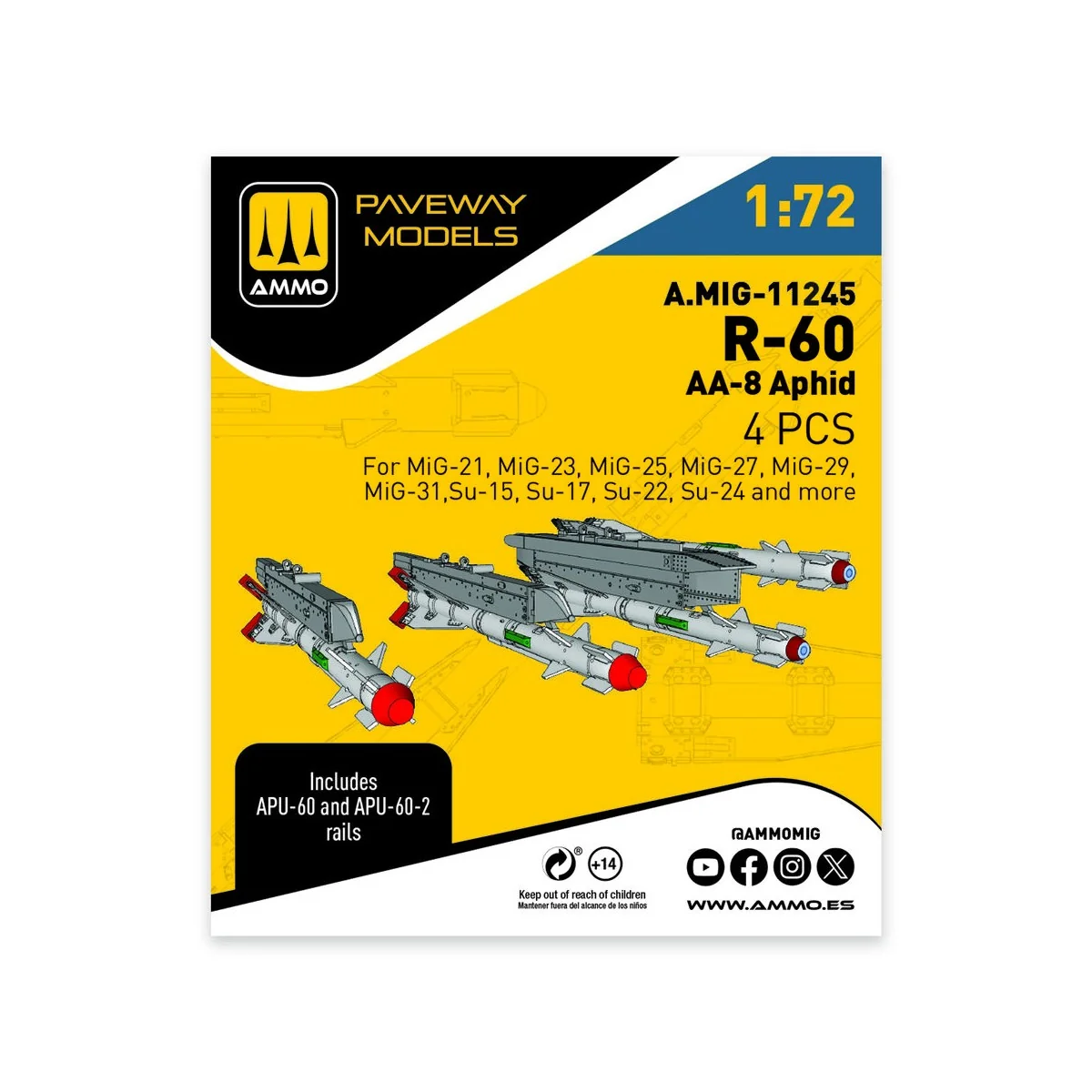 R-60 - AA-8 Aphid (4 pcs), 1/72 - AMMO by MIG Jimenez A.MIG-11245 R-60 - AA-8 Aphid (4 pcs), 1/72 - AMMO by MIG Jimenez A.MIG-11245