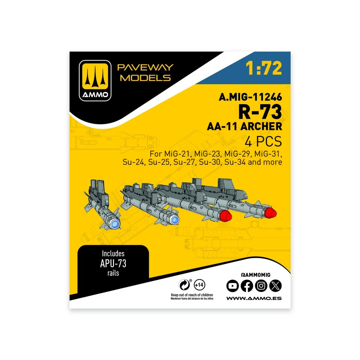R-73 - AA-11 Archer (4 pcs), 1/72 - AMMO by MIG Jimenez A.MIG-11246 R-73 - AA-11 Archer (4 pcs), 1/72 - AMMO by MIG Jimenez A.MIG-11246