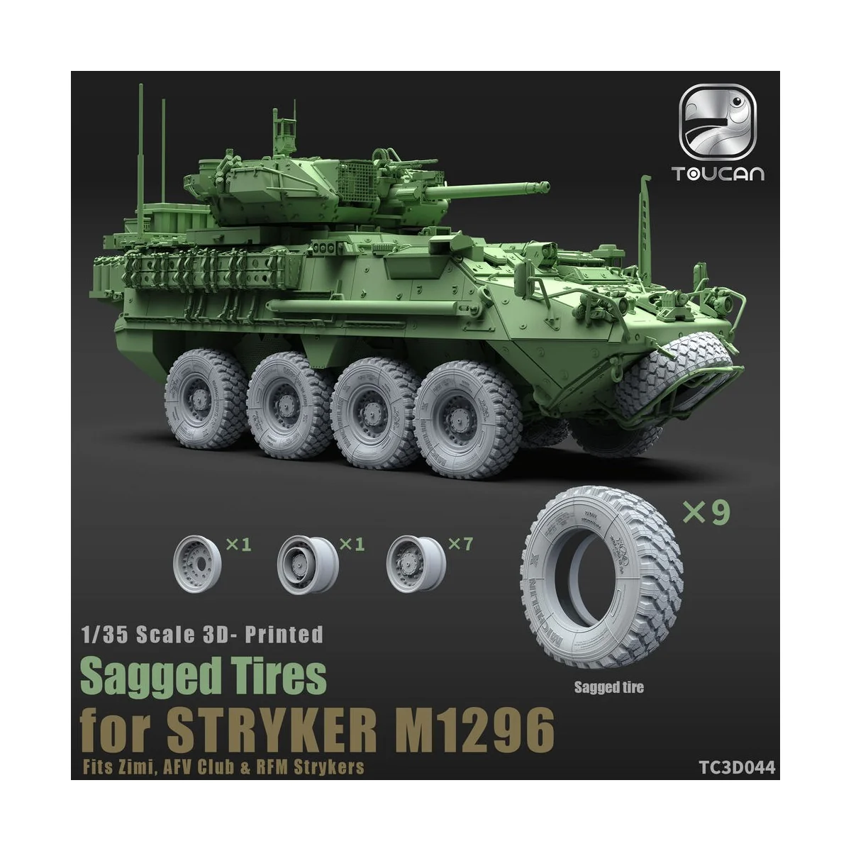 3D-Printed Sagged Tires for STRYKER M1296, 1/35 - Toucan Model TC3D044 3D-Printed Sagged Tires for STRYKER M1296, 1/35 - Toucan Model TC3D044