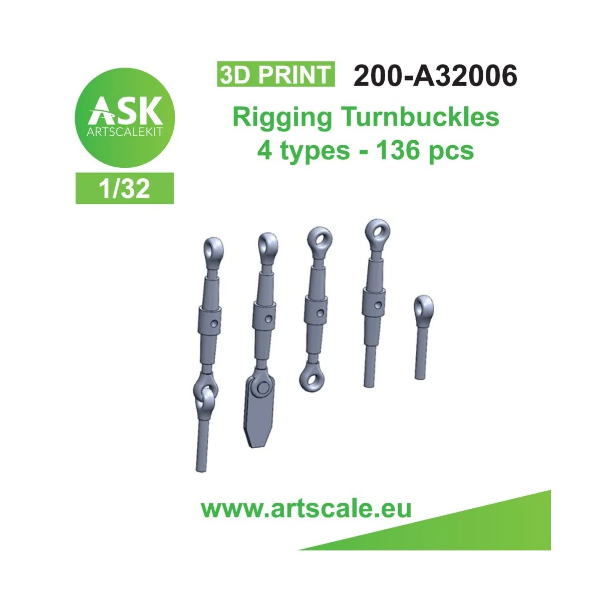 Rigging Turnbuckles - 4 types, 1/32 - Art Scale Kit 200-A32006 Rigging Turnbuckles - 4 types, 1/32 - Art Scale Kit 200-A32006
