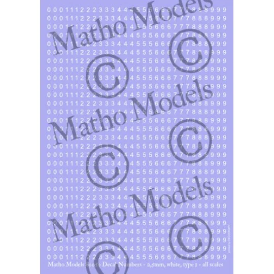 Decal Numbers - 2.5mm, white, type 1 - Matho Models 80050