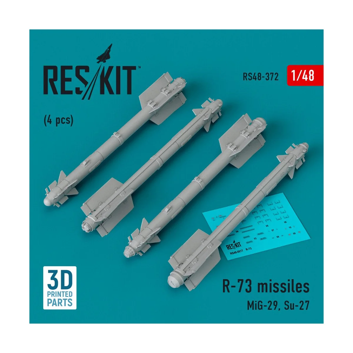 R-73 missiles (4 pcs) (MiG-29, Su-27) (3D Printed), 1/48 - ResKit M...