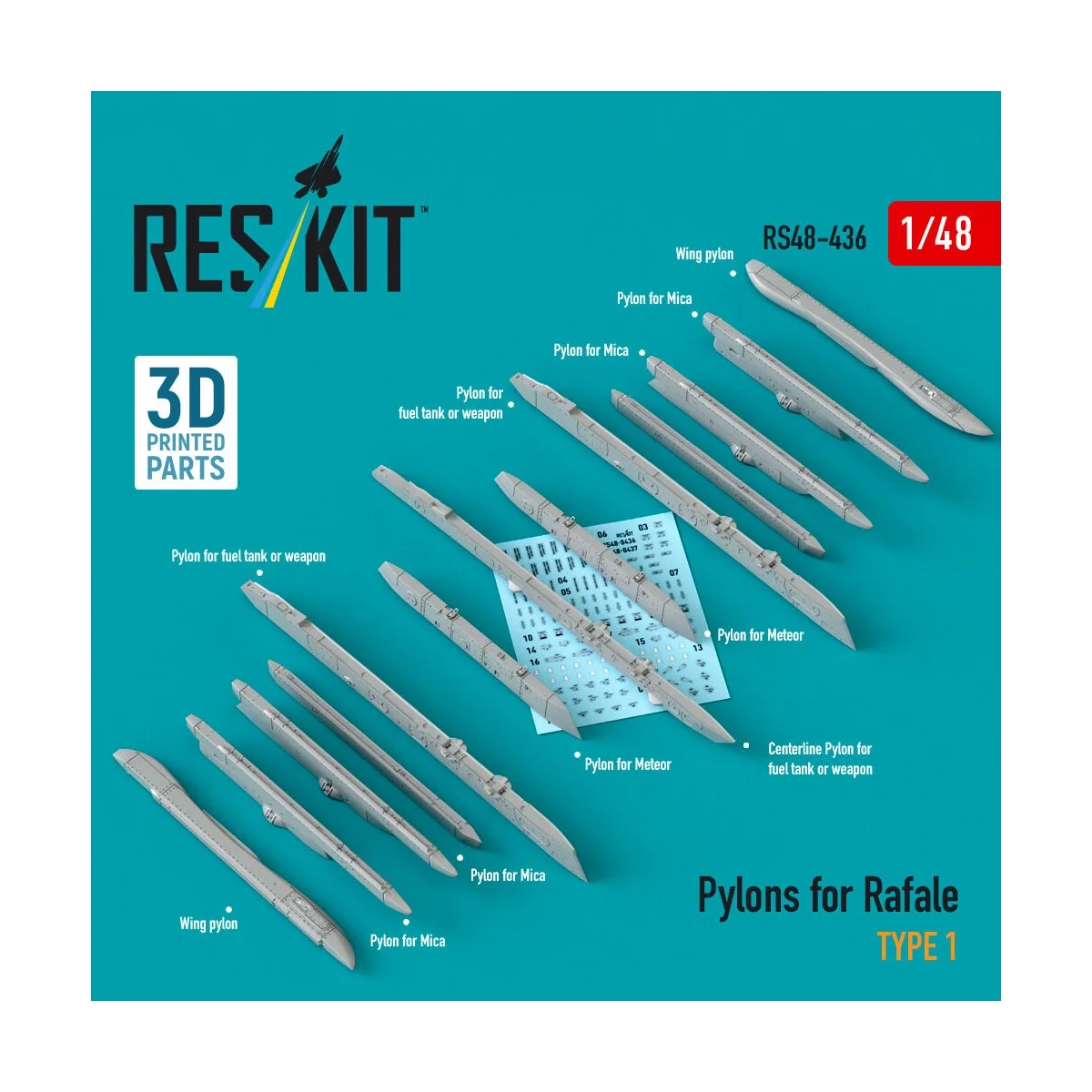 Pylons for Rafale type 1 (3D Printed), 1/48 - ResKit Models RS48-0436
