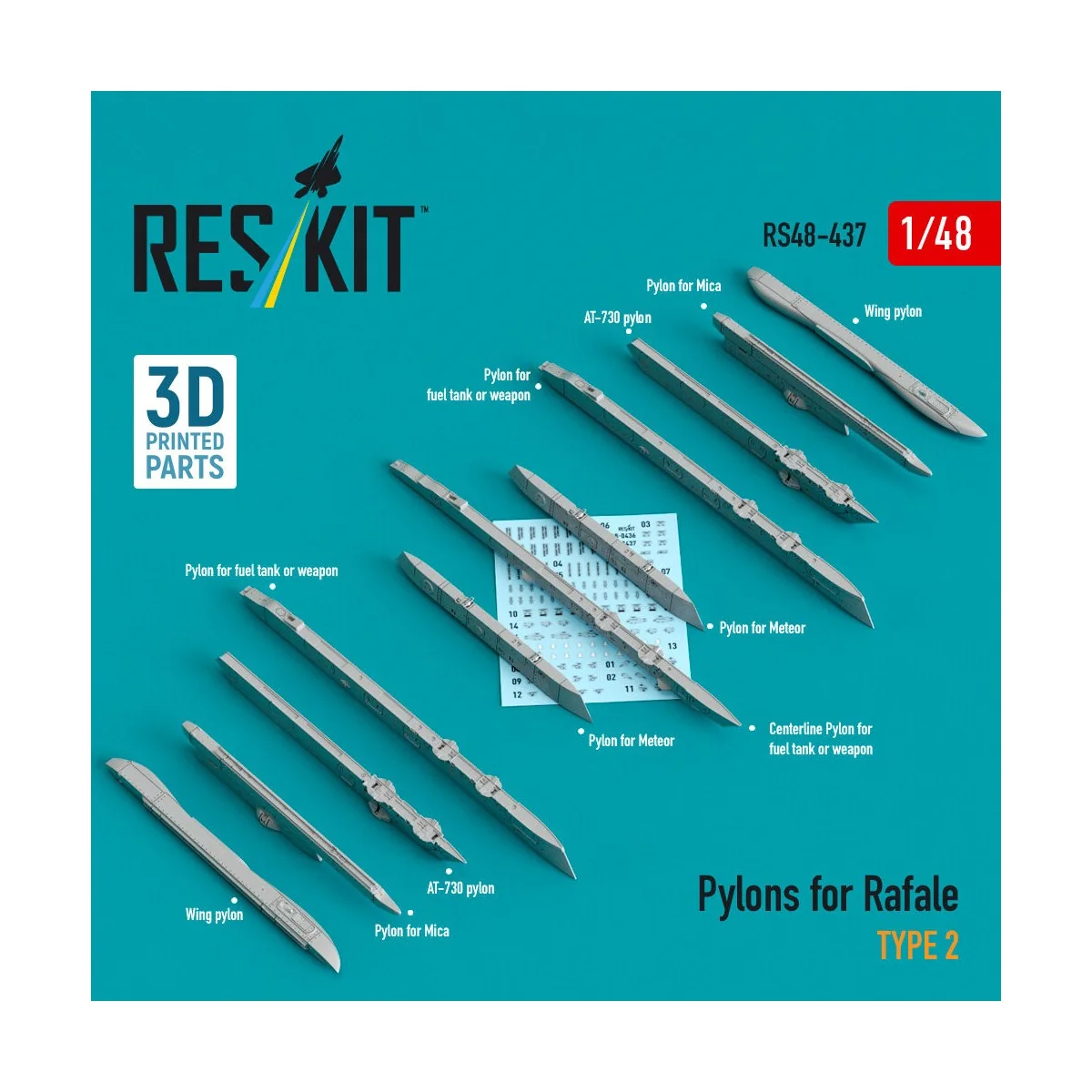 Pylons for Rafale type 2 (3D Printed) - ResKit Models RS48-0437