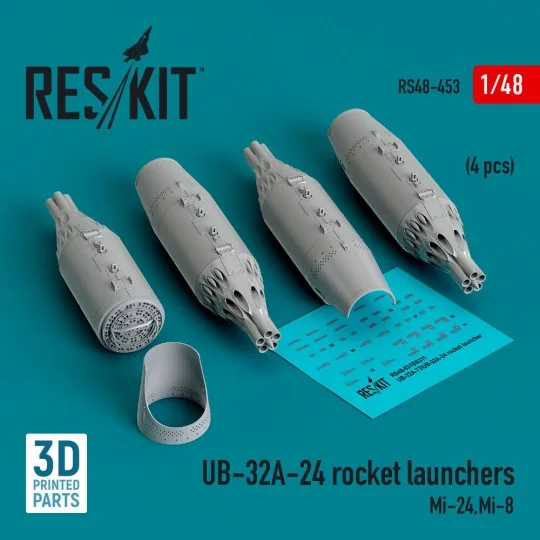 UB-32A-24 rocket launchers (4 pcs) (Mi-24, Mi-8) (3D Printed), 1/48...
