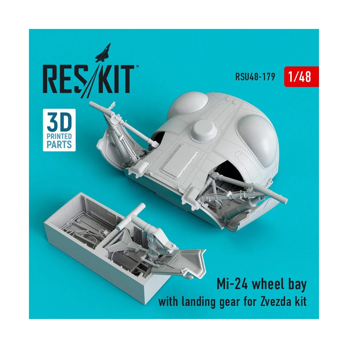 Mi-24 wheel bay with landing gear for Zvezda kit (3D Printed), 1/48...