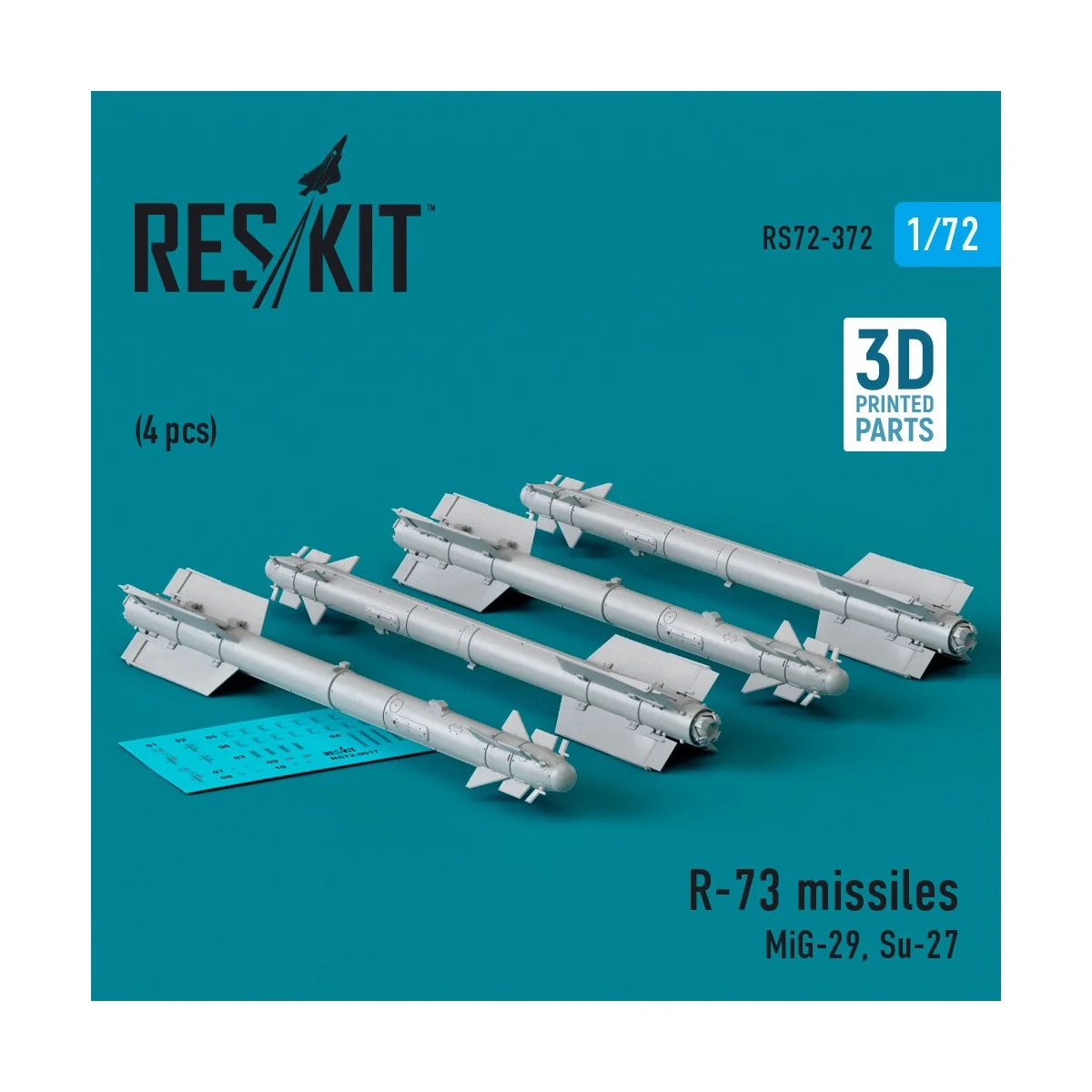 R-73 missiles (4 pcs) (MiG-29, Su-27) (3D Printed), 1/72 - ResKit M...