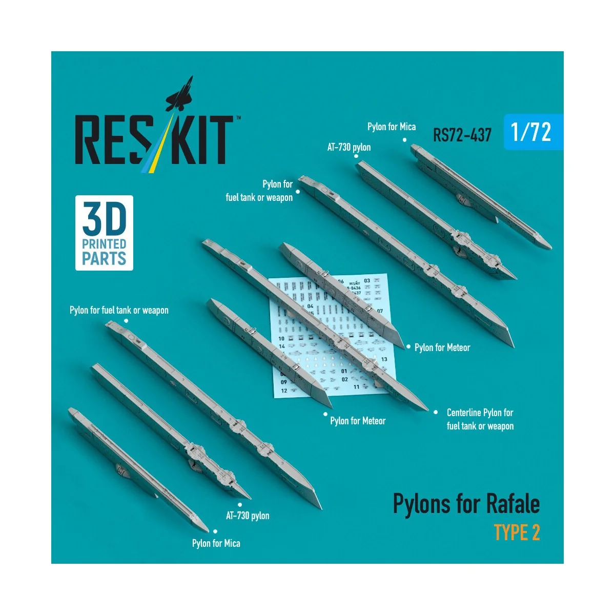 Pylons for Rafale type 2 (3D Printed), 1/72 - ResKit Models RS72-0437