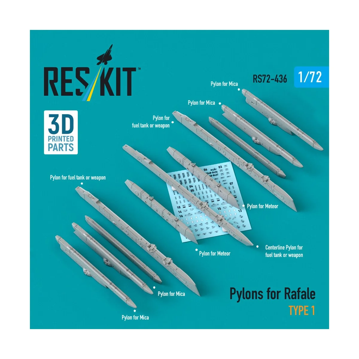 Pylons for Rafale type 1 (3D Printed) - ResKit Models RS72-0436